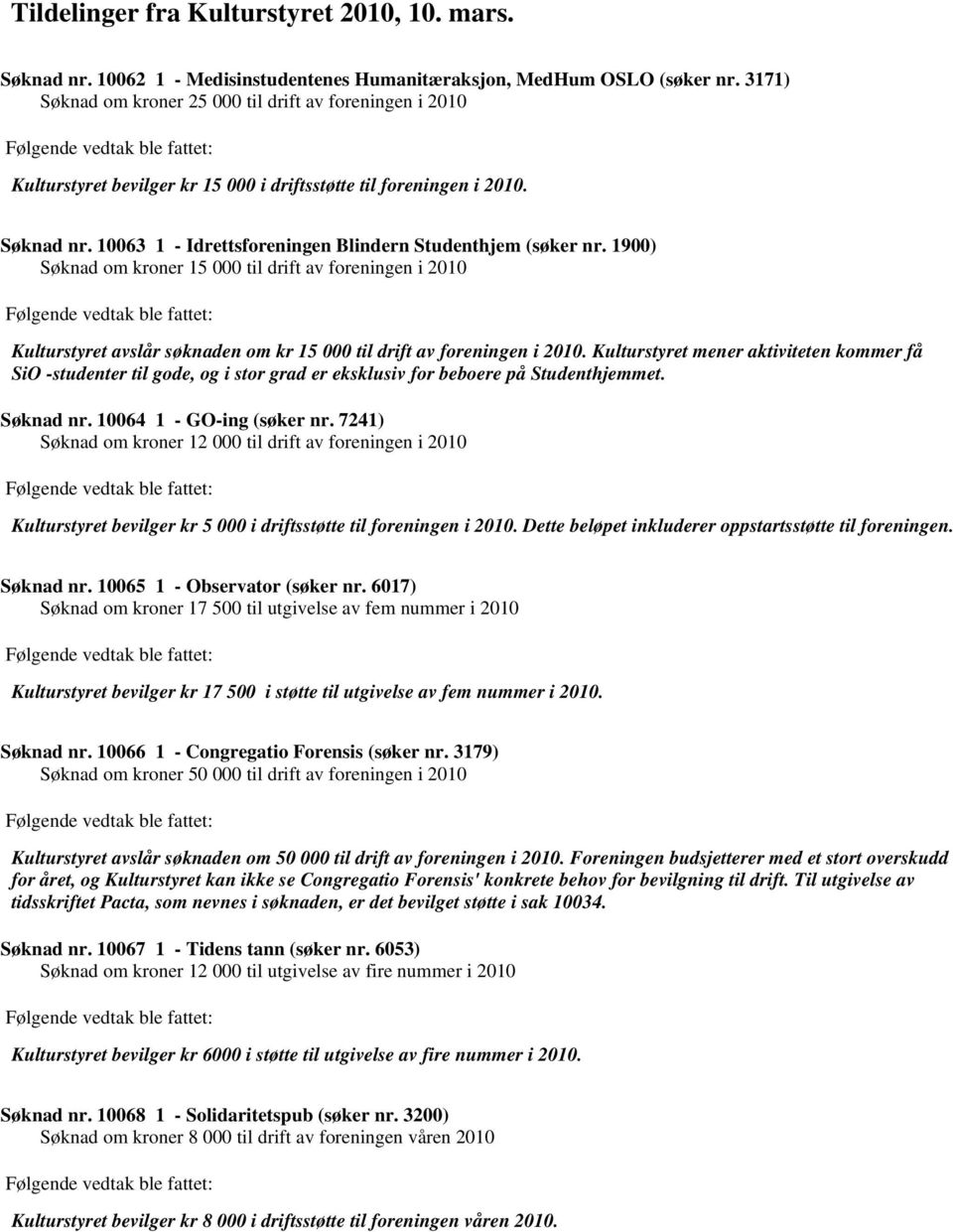 10063 1 - Idrettsforeningen Blindern Studenthjem (søker nr. 1900) Søknad om kroner 15 000 til drift av foreningen i 2010 Kulturstyret avslår søknaden om kr 15 000 til drift av foreningen i 2010.