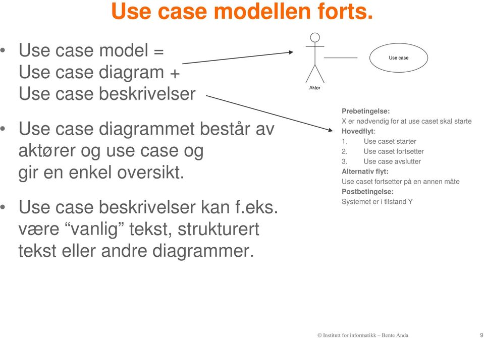 Use case beskrivelser kan f.eks. være vanlig tekst, strukturert tekst eller andre diagrammer.