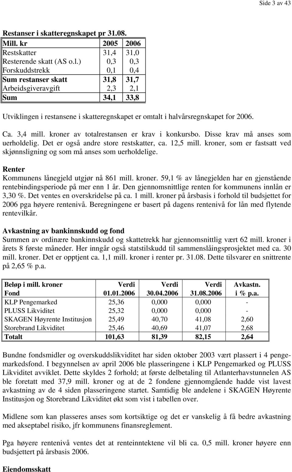 ) 0,3 0,3 Forskuddstrekk 0,1 0,4 Sum restanser skatt 31,8 31,7 Arbeidsgiveravgift 2,3 2,1 Sum 34,1 33,8 Utviklingen i restansene i skatteregnskapet er omtalt i halvårsregnskapet for 2006. Ca.