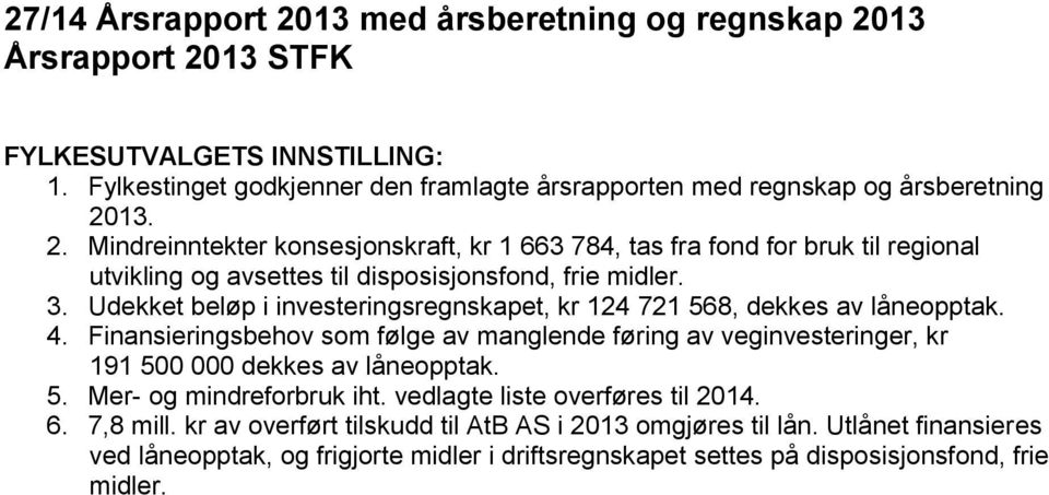 Udekket beløp i investeringsregnskapet, kr 124 721 568, dekkes av låneopptak. 4. Finansieringsbehov som følge av manglende føring av veginvesteringer, kr 191 500 000 dekkes av låneopptak. 5. Mer- og mindreforbruk iht.