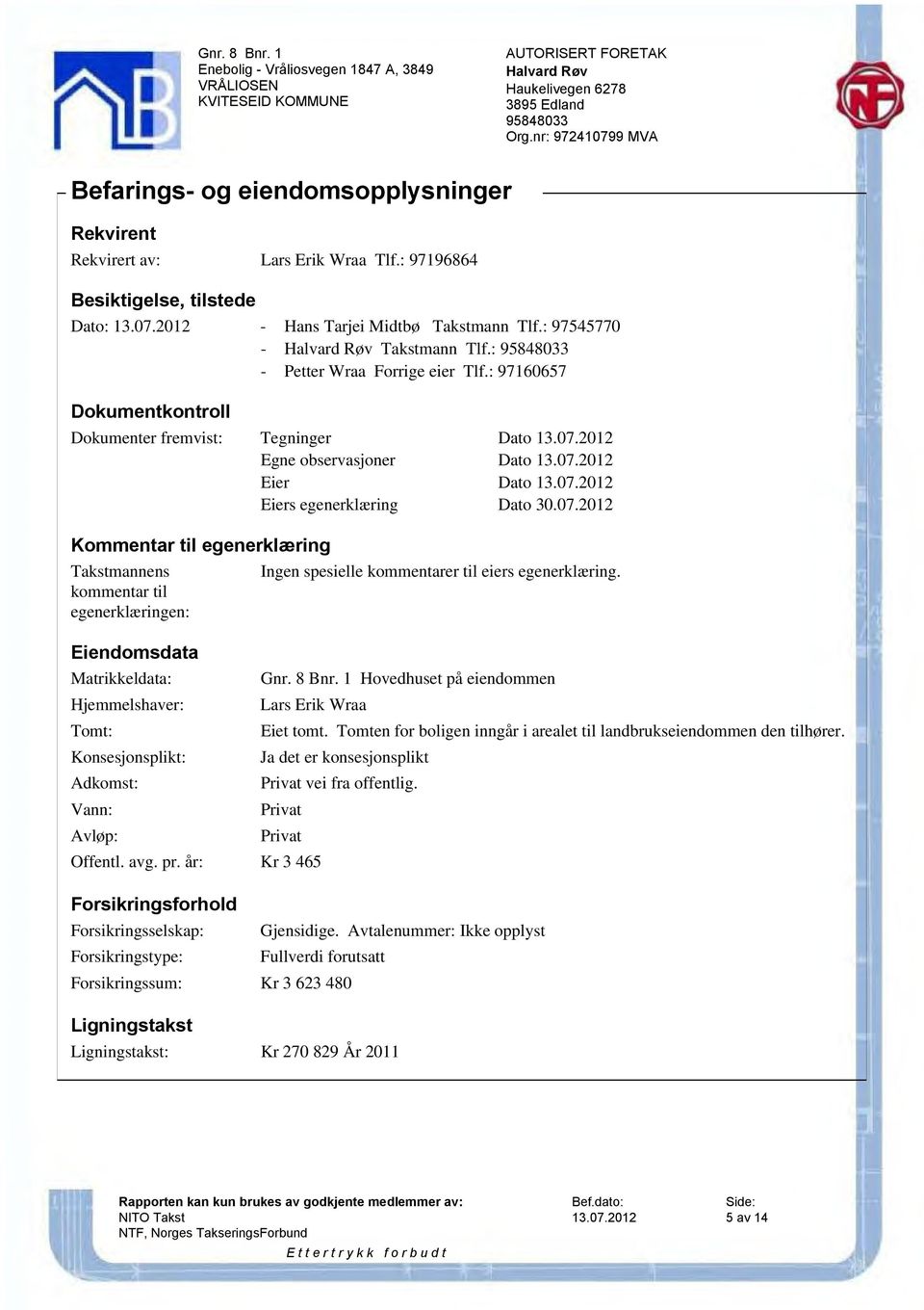 2012 Egne observasjoner Dato 13.07.2012 Eier Dato 13.07.2012 Eiers egenerklæring Dato 30.07.2012 Kommentar til egenerklæring Takstmannens Ingen spesielle kommentarer til eiers egenerklæring.