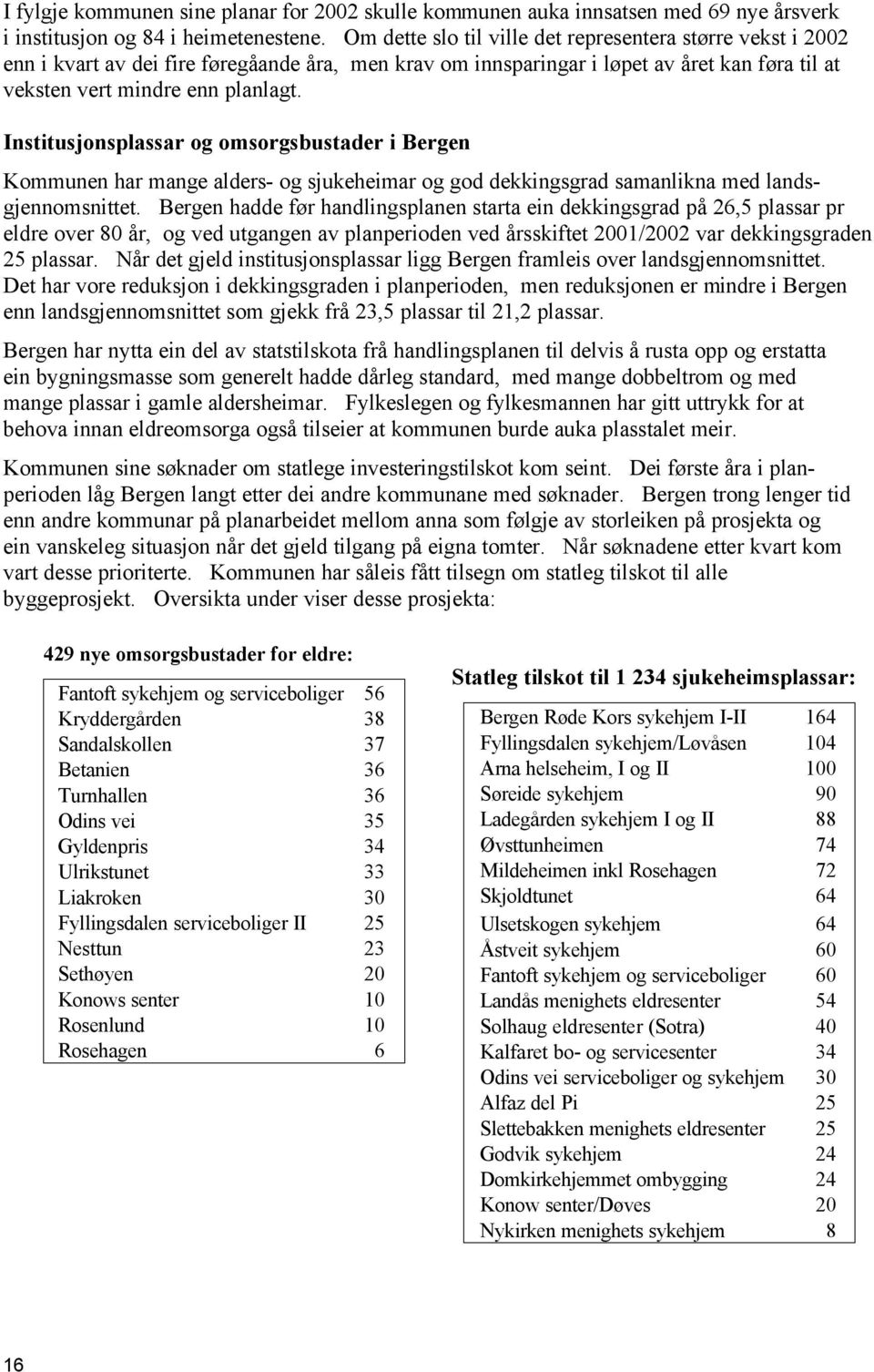 Institusjonsplassar og omsorgsbustader i Bergen Kommunen har mange alders- og sjukeheimar og god dekkingsgrad samanlikna med landsgjennomsnittet.