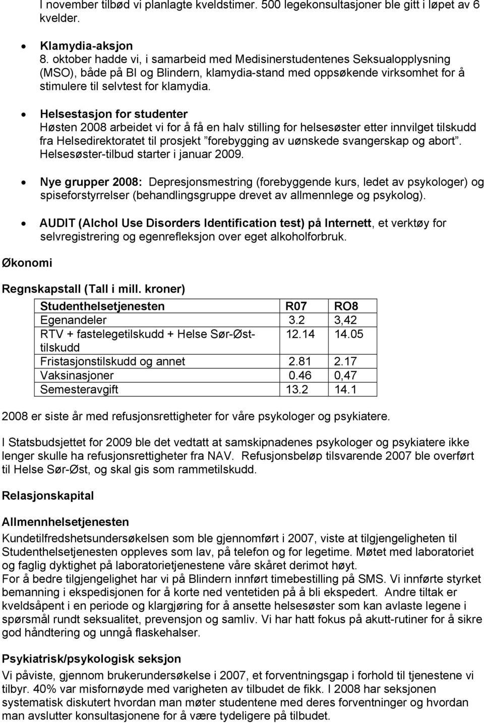 Helsestasjon for studenter Høsten 2008 arbeidet vi for å få en halv stilling for helsesøster etter innvilget tilskudd fra Helsedirektoratet til prosjekt forebygging av uønskede svangerskap og abort.