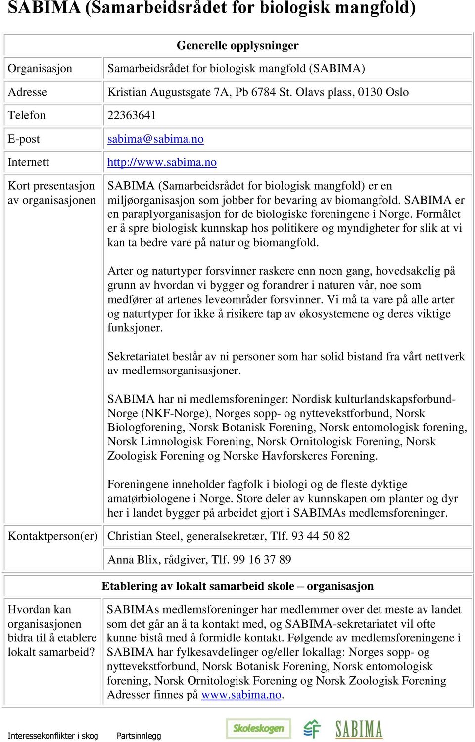 sabima.no http://www.sabima.no SABIMA (Samarbeidsrådet for biologisk mangfold) er en miljøorganisasjon som jobber for bevaring av biomangfold.