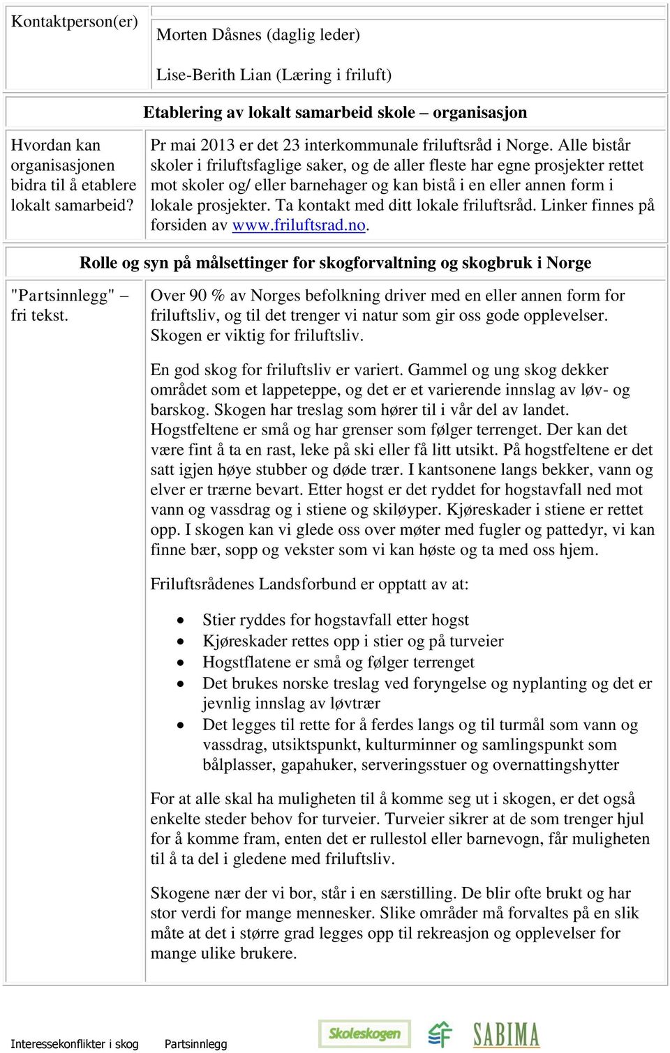 Alle bistår skoler i friluftsfaglige saker, og de aller fleste har egne prosjekter rettet mot skoler og/ eller barnehager og kan bistå i en eller annen form i lokale prosjekter.