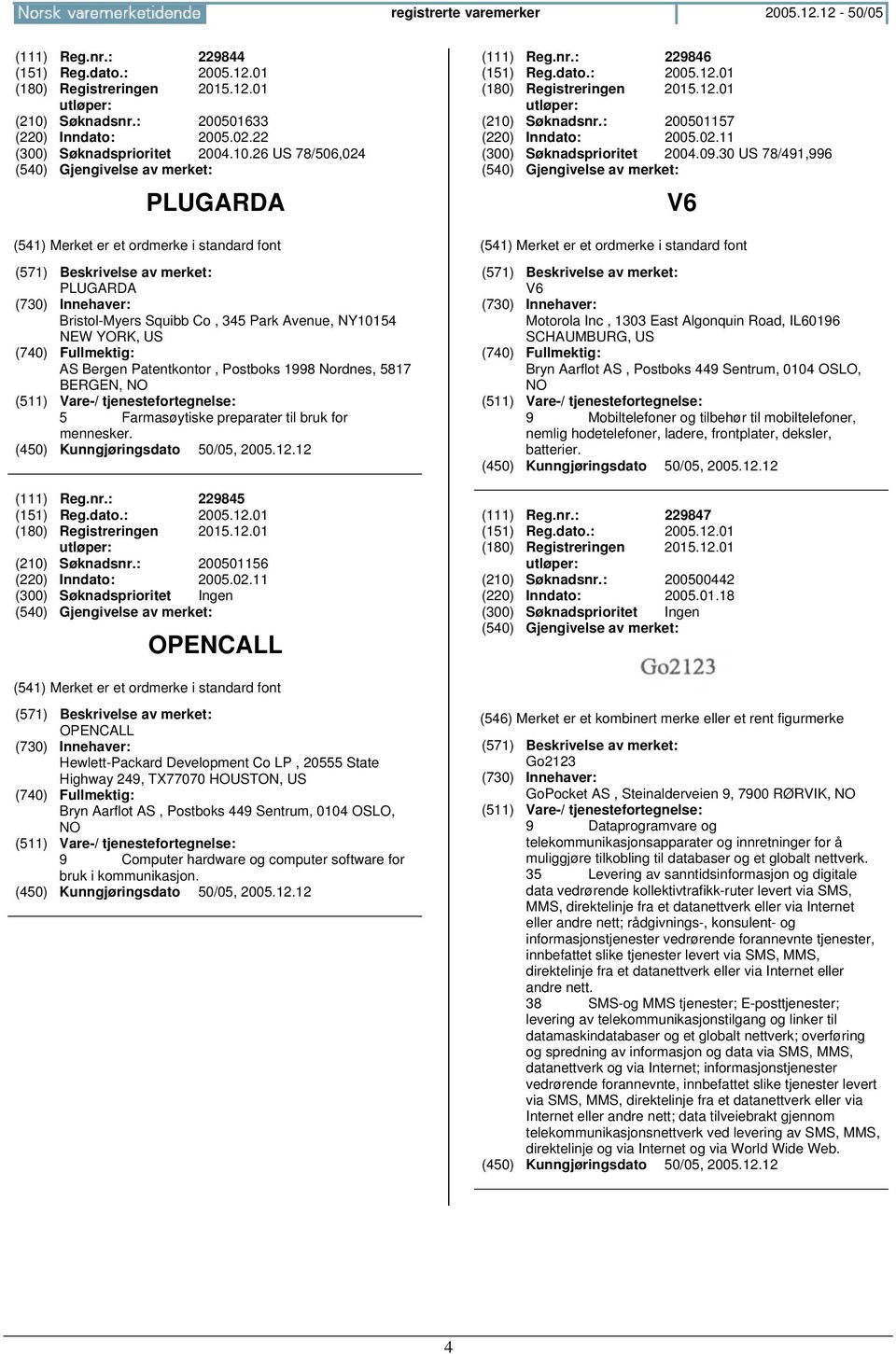 26 US 78/506,024 PLUGARDA PLUGARDA Bristol-Myers Squibb Co, 345 Park Avenue, NY10154 NEW YORK, US AS Bergen Patentkontor, Postboks 1998 Nordnes, 5817 BERGEN, 5 Farmasøytiske preparater til bruk for