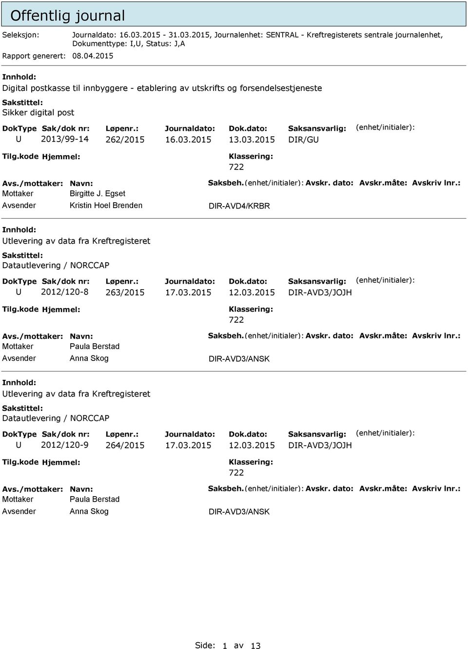 dato: Avskr.måte: Avskriv lnr.: Mottaker Birgitte J. Egset Kristin Hoel Brenden DR-AVD4/KRBR tlevering av data fra Kreftregisteret Datautlevering / NORCCAP 2012/120-8 263/2015 12.03.