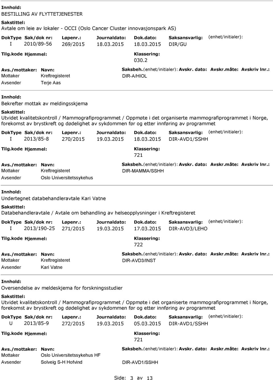 : DR-A/HOL Terje Aas Bekrefter mottak av meldingsskjema tvidet kvalitetskontroll / Mammografiprogrammet / Oppmøte i det organiserte mammografiprogrammet i Norge, 2013/85-8 270/2015 18.03.