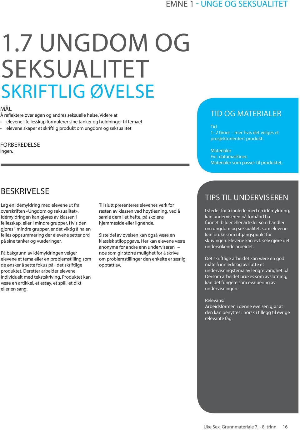 TID OG MATERIALER Tid 1 2 timer mer hvis det velges et prosjektorientert produkt. Materialer Evt. datamaskiner. Materialer som passer til produktet.