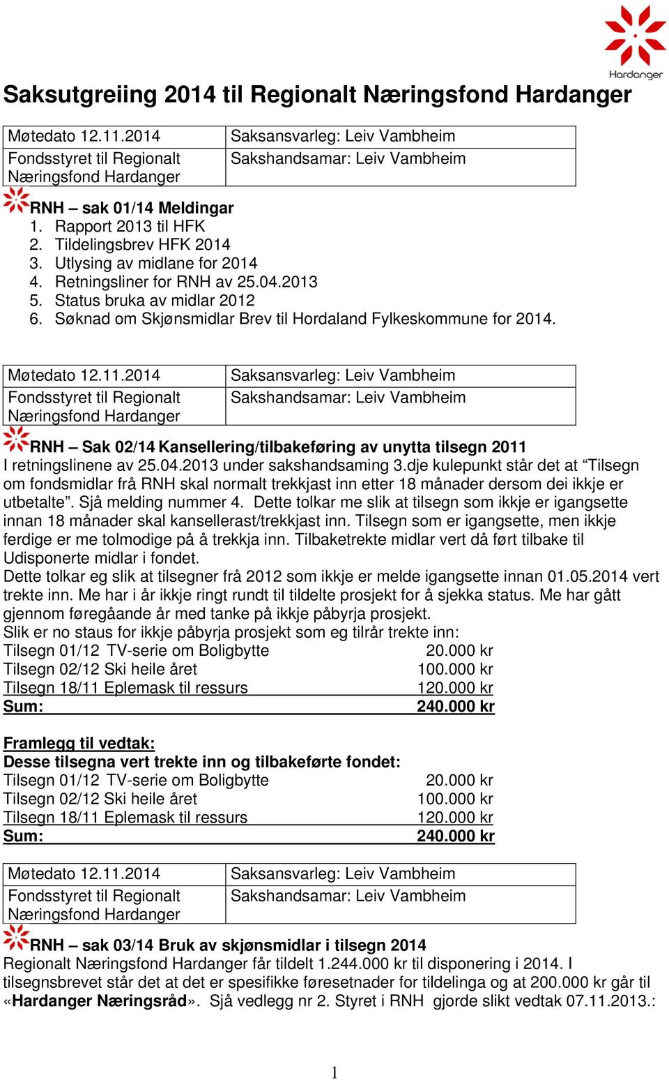 Utlysing av midlane for 2014 4. Retningsliner for RNH av 25.04.2013 5. Status bruka av midlar 2012 6. Søknad om Skjønsmidlar Brev til Hordaland Fylkeskommune for 2014. Møtedato 12.11.