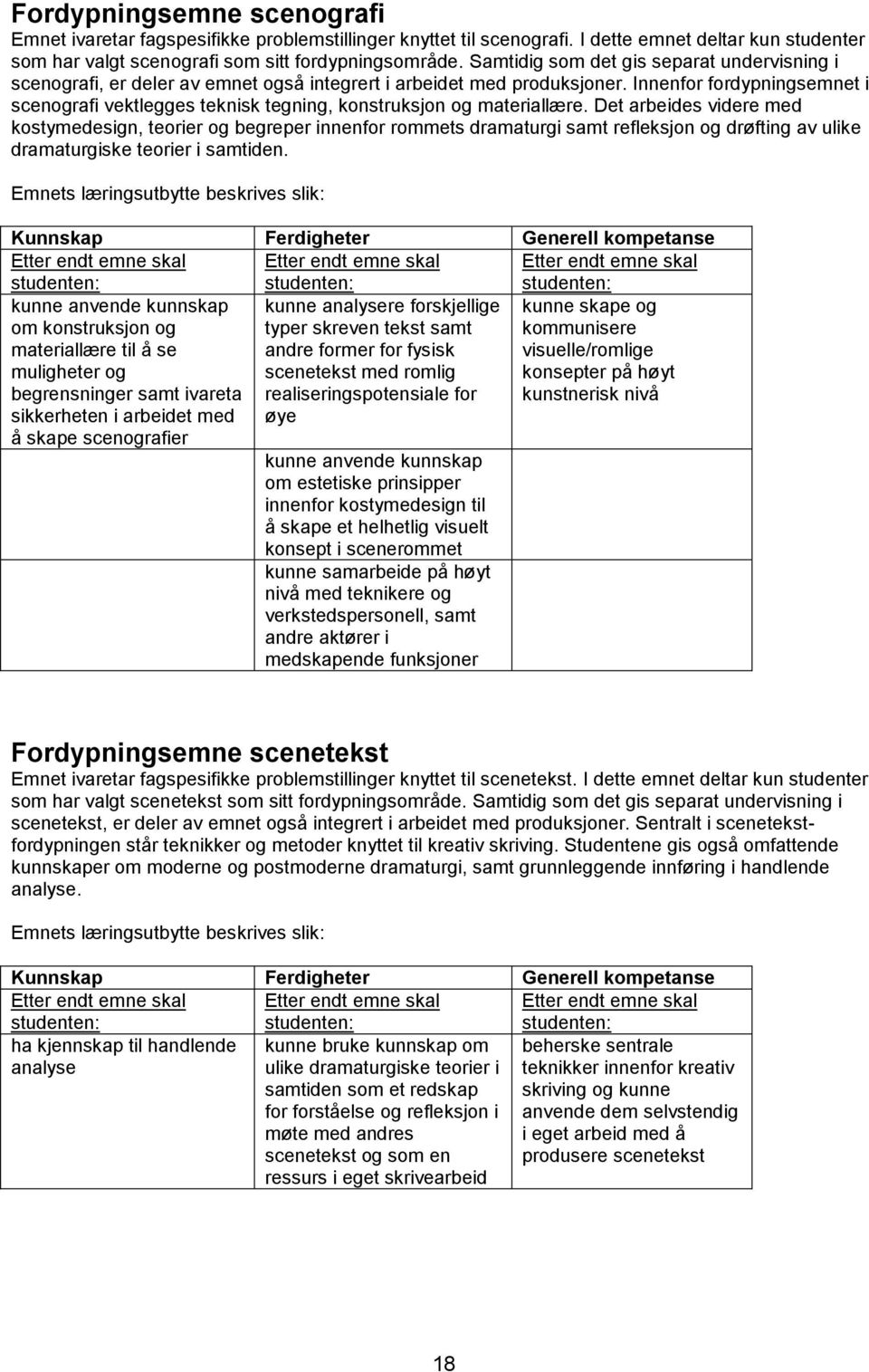 Innenfor fordypningsemnet i scenografi vektlegges teknisk tegning, konstruksjon og materiallære.