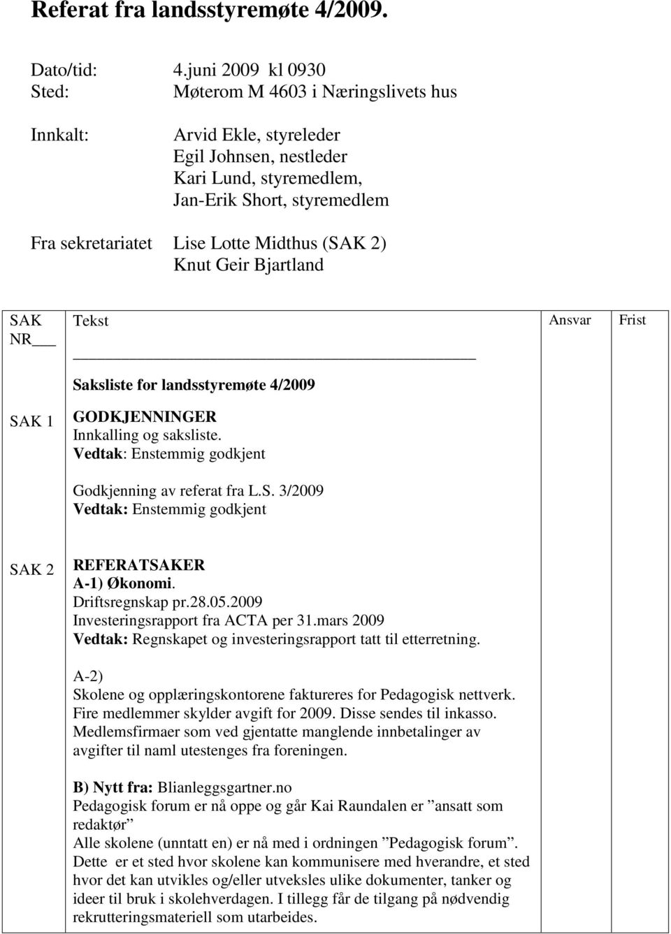 Midthus (SAK 2) Knut Geir Bjartland SAK NR Tekst Ansvar Frist Saksliste for landsstyremøte 4/2009 SAK 1 GODKJENNINGER Innkalling og saksliste. Vedtak: Enstemmig godkjent Godkjenning av referat fra L.