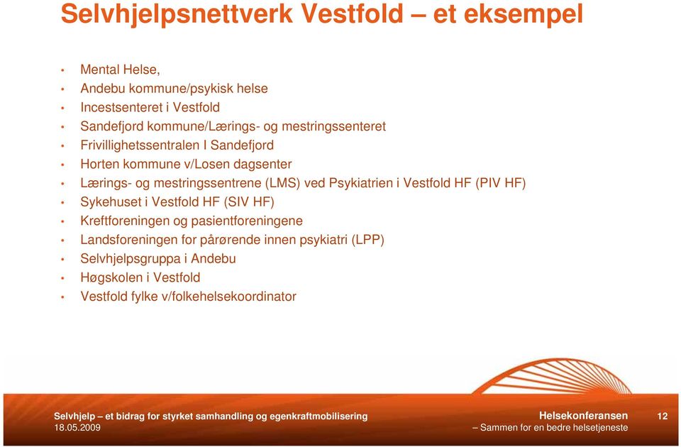 HF (PIV HF) Sykehuset i Vestfold HF (SIV HF) Kreftforeningen og pasientforeningene Landsforeningen for pårørende innen psykiatri (LPP)