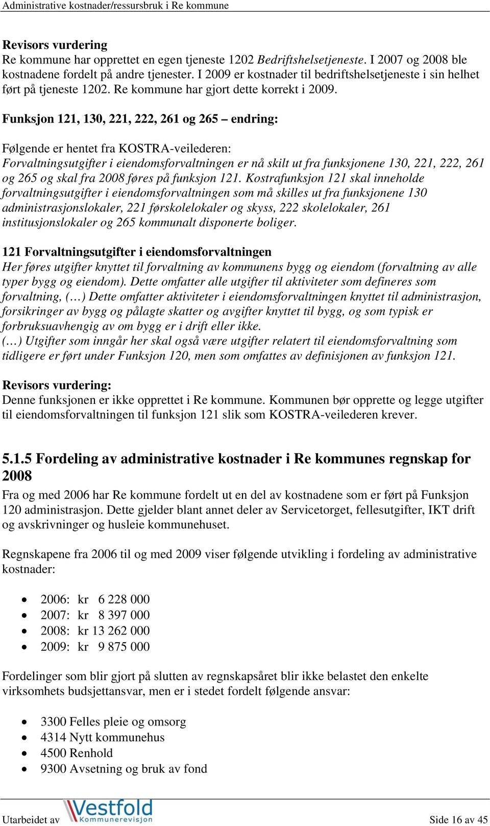 Funksjon 121, 130, 221, 222, 261 og 265 endring: Følgende er hentet fra KOSTRA-veilederen: Forvaltningsutgifter i eiendomsforvaltningen er nå skilt ut fra funksjonene 130, 221, 222, 261 og 265 og