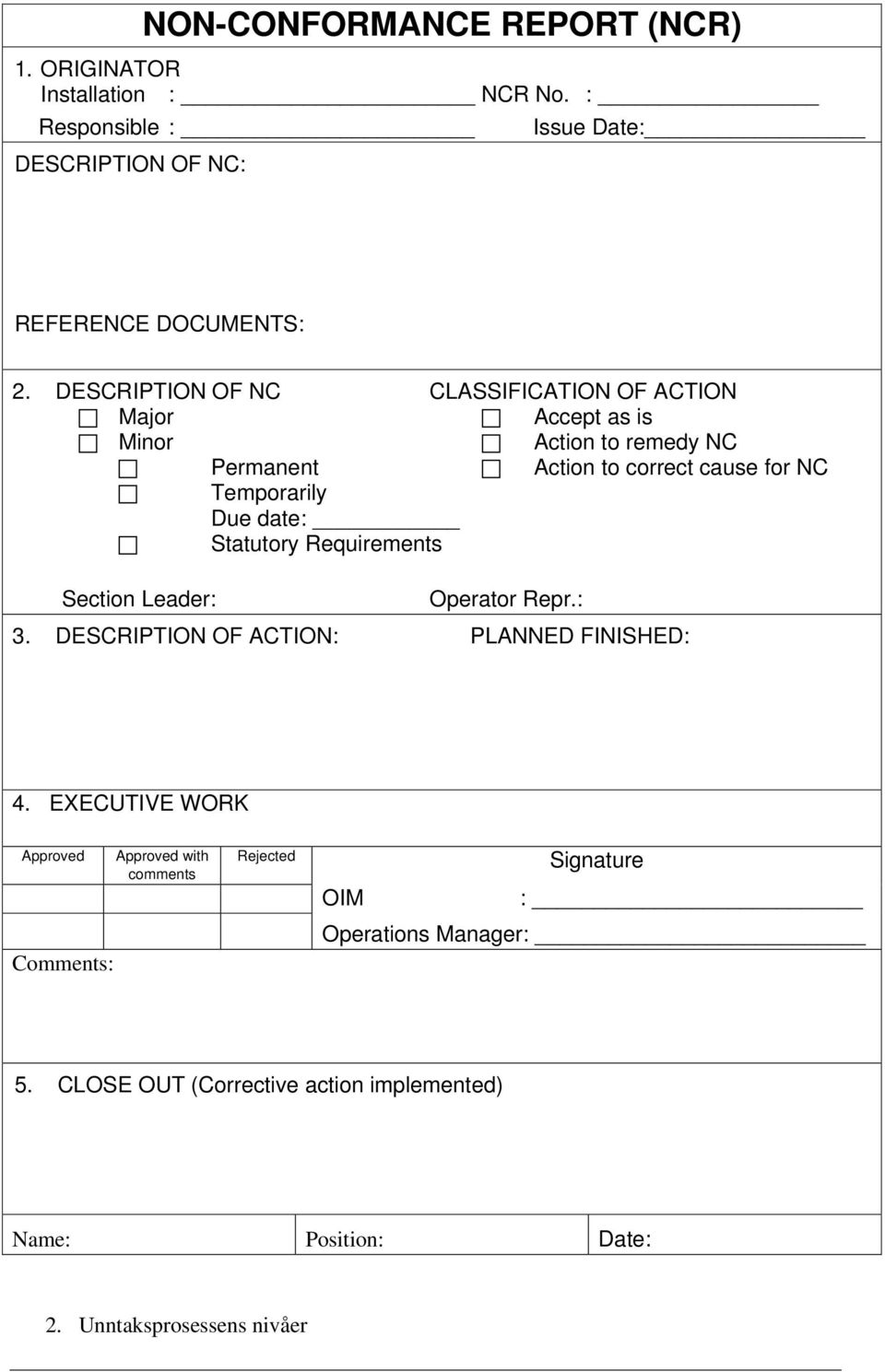 date: Statutory Requirements Section Leader: Operator Repr.: 3. DESCRIPTION OF ACTION: PLANNED FINISHED: 4.