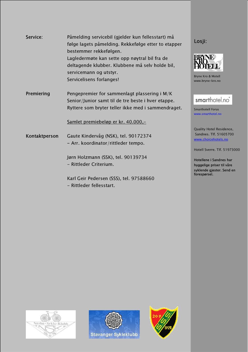 no Premiering Pengepremier for sammenlagt plassering i M/K Senior/Junior samt til de tre beste i hver etappe. Ryttere som bryter teller ikke med i sammendraget. Samlet premiebeløp er kr. 40.