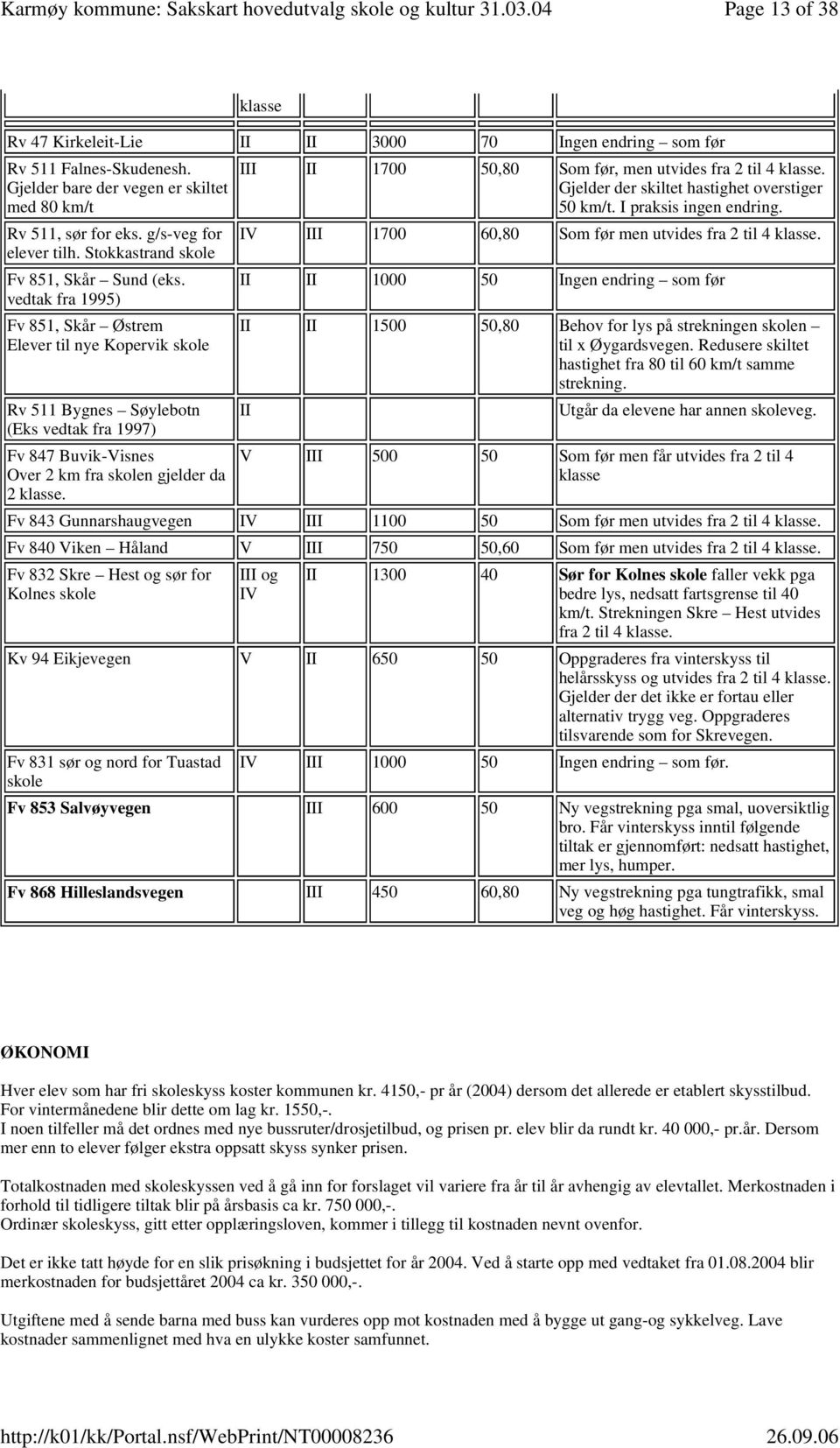 vedtak fra 1995) Fv 851, Skår Østrem Elever til nye Kopervik skole Rv 511 Bygnes Søylebotn (Eks vedtak fra 1997) Fv 847 Buvik-Visnes Over 2 km fra skolen gjelder da 2 klasse.