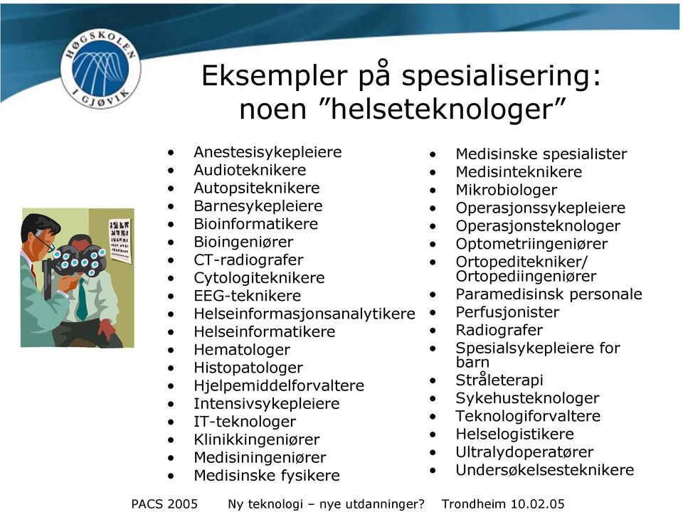 Medisiningeniører Medisinske fysikere Medisinske spesialister Medisinteknikere Mikrobiologer Operasjonssykepleiere Operasjonsteknologer Optometriingeniører Ortopeditekniker/