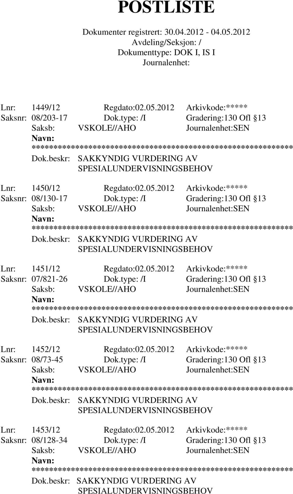 type: /I Gradering:130 Ofl 13 Lnr: 1452/12 Regdato:02.05.2012 Arkivkode:***** Saksnr: 08/73-45 Dok.