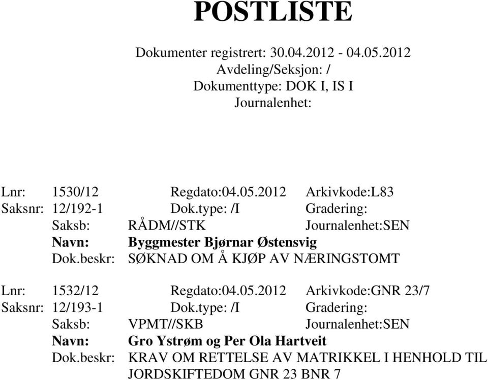 beskr: SØKNAD OM Å KJØP AV NÆRINGSTOMT Lnr: 1532/12 Regdato:04.05.