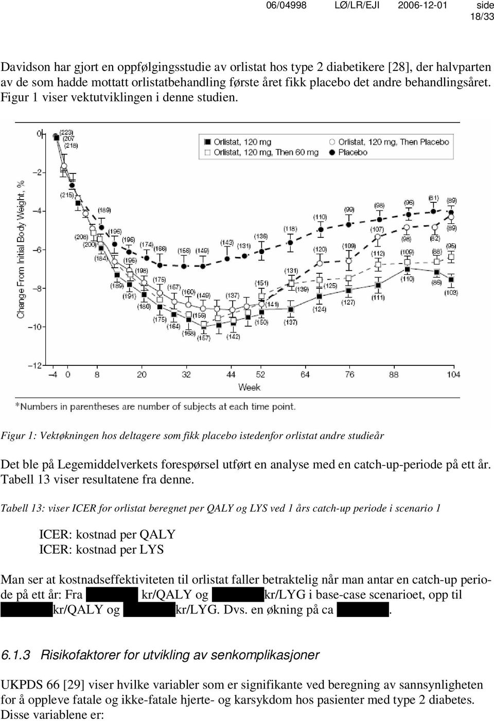 Figur 1: Vektøkningen hos deltagere som fikk placebo istedenfor orlistat andre studieår Det ble på Legemiddelverkets forespørsel utført en analyse med en catch-up-periode på ett år.