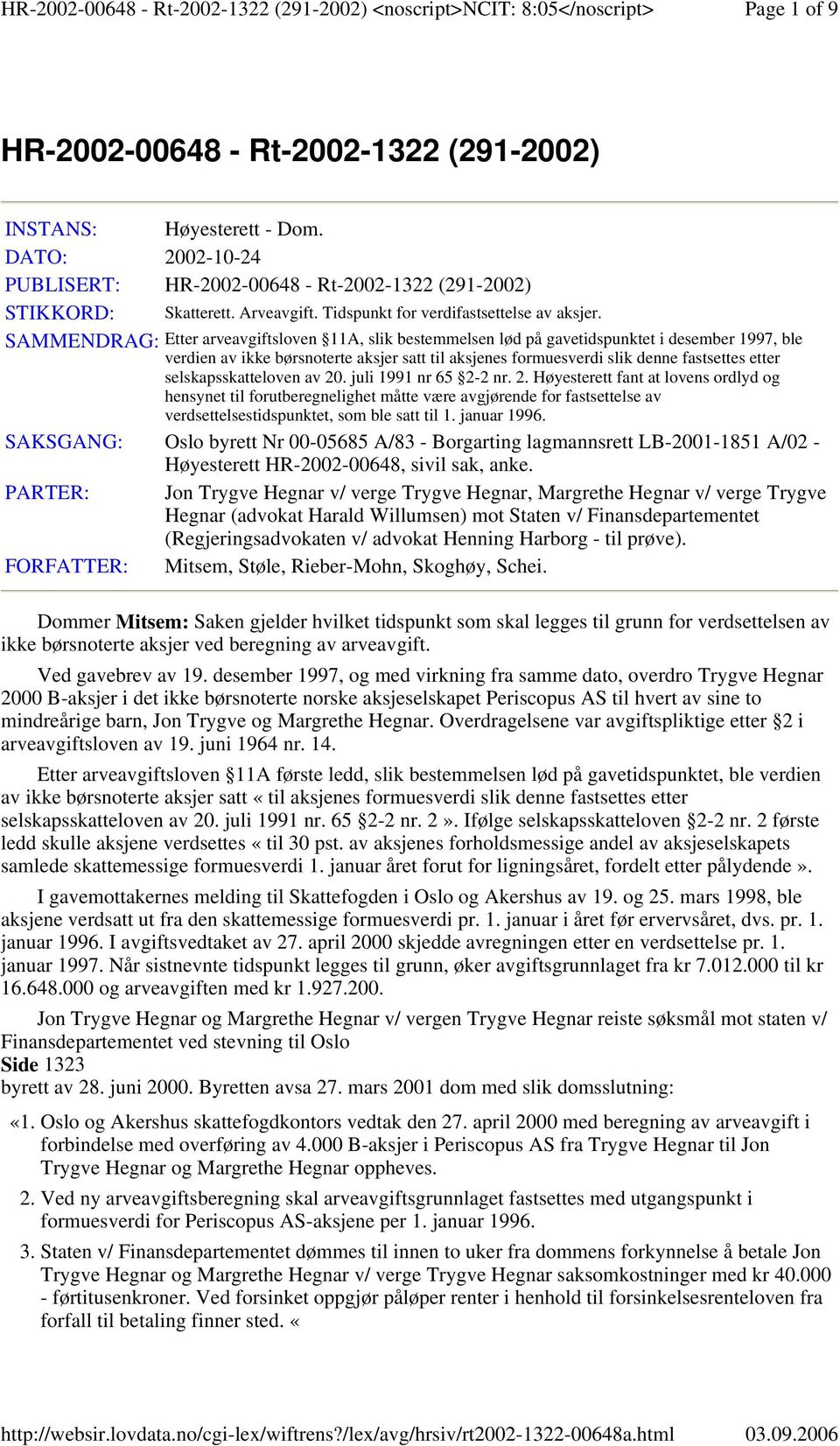 SAMMENDRAG: Etter arveavgiftsloven 11A, slik bestemmelsen lød på gavetidspunktet i desember 1997, ble verdien av ikke børsnoterte aksjer satt til aksjenes formuesverdi slik denne fastsettes etter