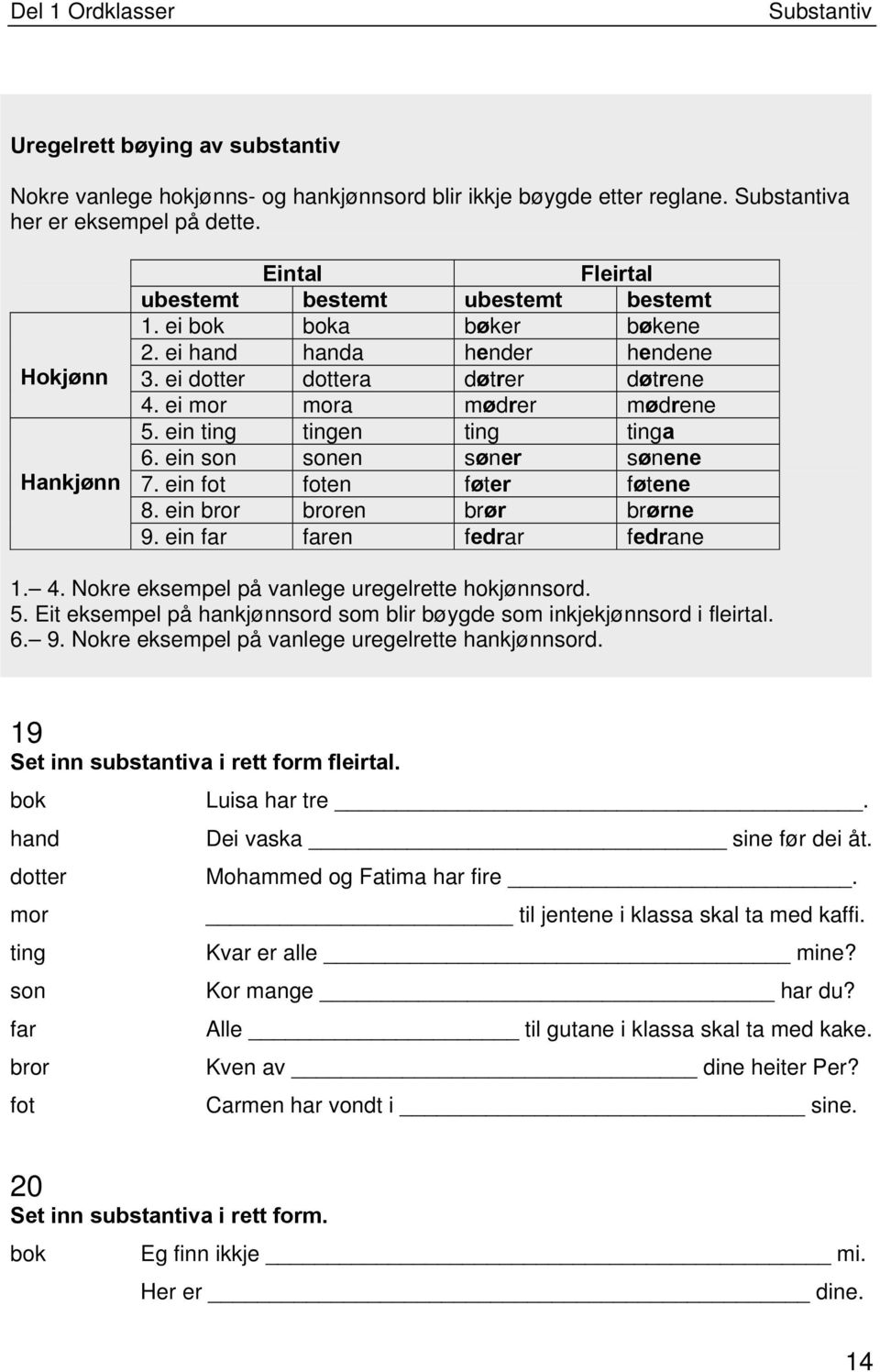 ein ting tingen ting tinga 6. ein son sonen søner sønene 7. ein fot foten føter føtene 8. ein bror broren brør brørne 9. ein far faren fedrar fedrane 1. 4.