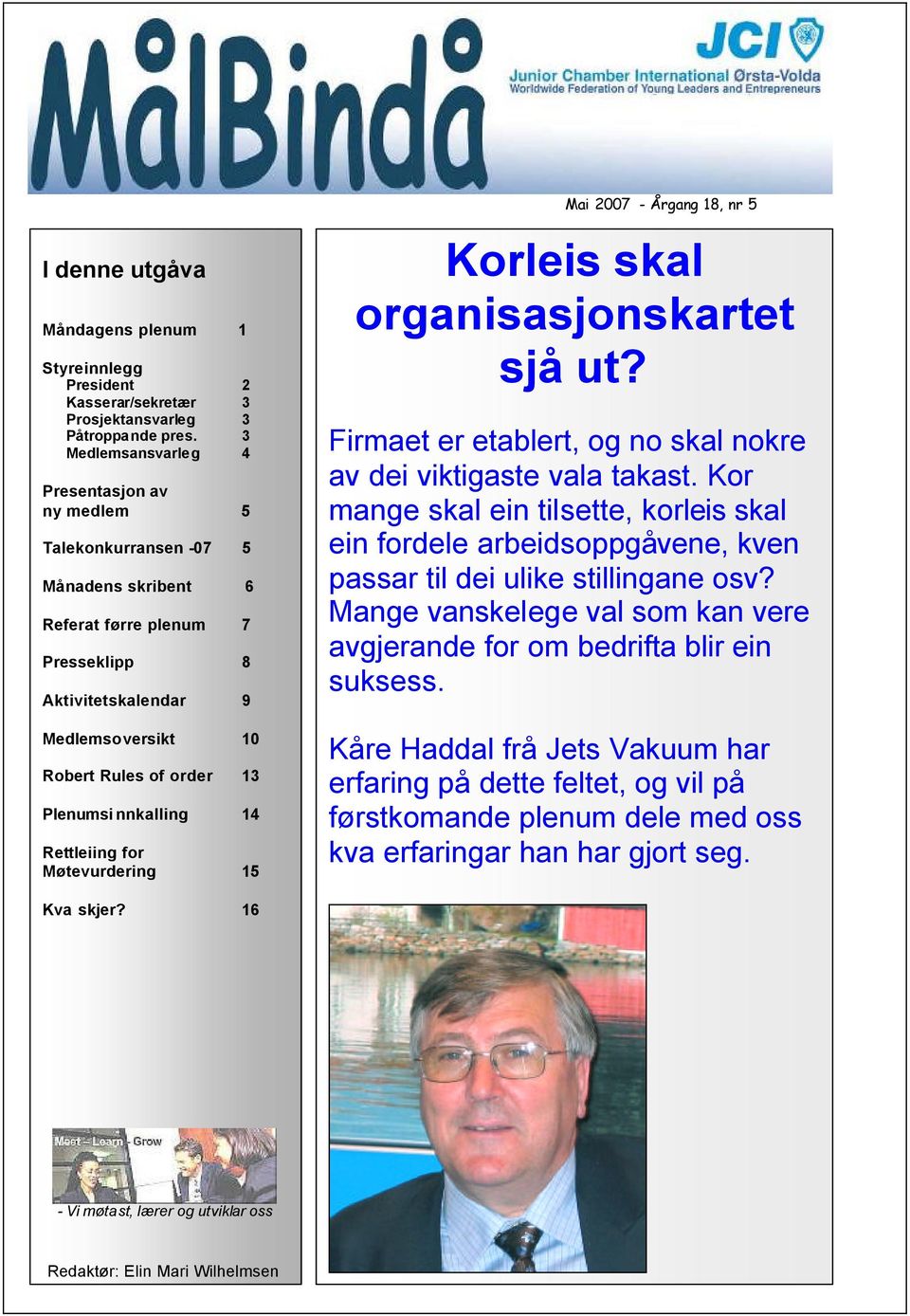 Plenumsi nnkalling 14 Rettleiing for Møtevurdering 15 Mai 2007 - Årgang 18, nr 5 Korleis skal organisasjonskartet sjå ut? Firmaet er etablert, og no skal nokre av dei viktigaste vala takast.