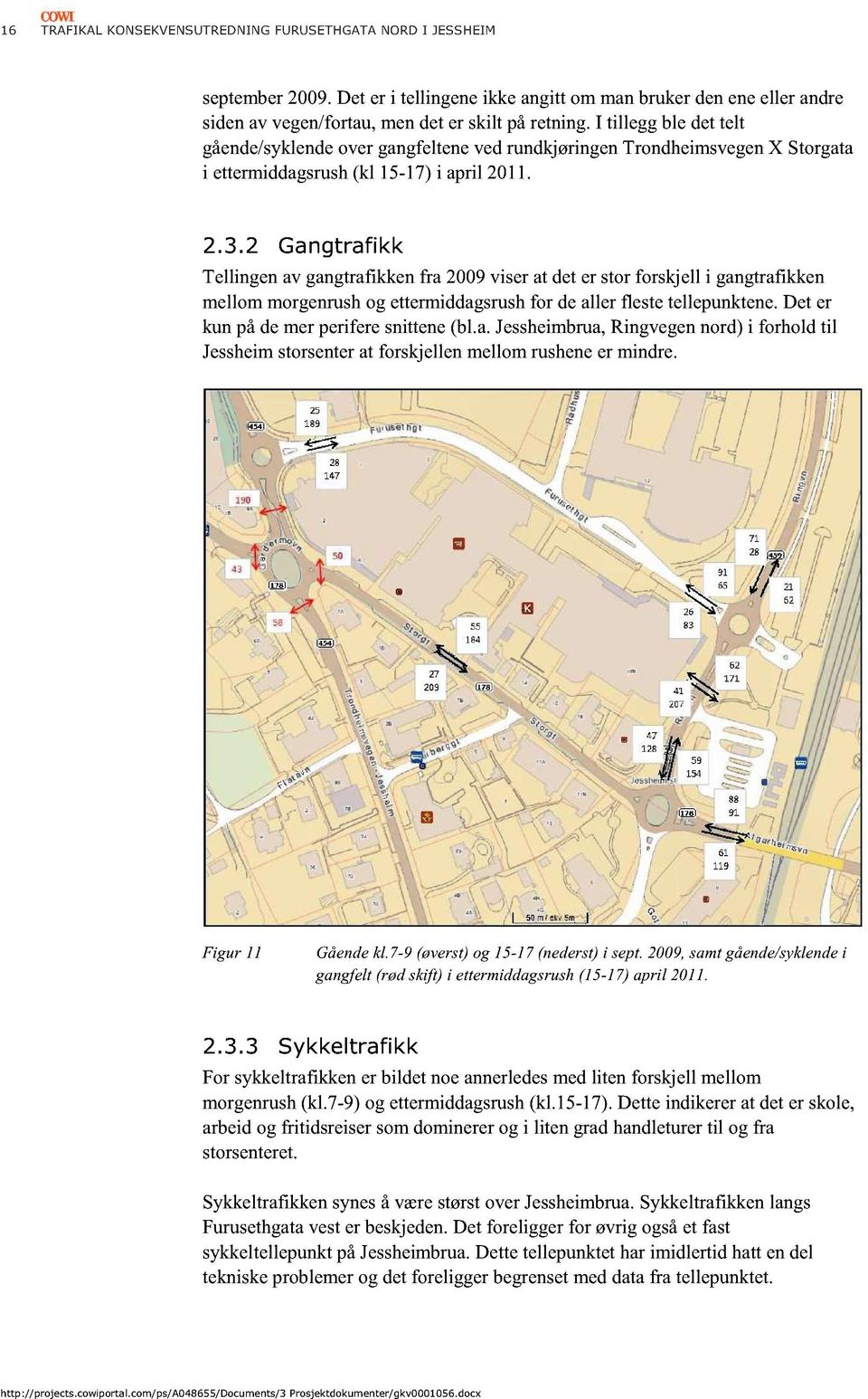 2 Gangtrafikk Tellingenav gangtrafikkenfra 2009viserat deter storforskjell i gangtrafikken mellommorgenrushog ettermiddagsrushfor dealler flestetellepunktene.det er kun pådemerperiferesnittene(bl.a.jessheimbrua, Ringvegennord) i forhold til Jessheimstorsenterat forskjellenmellomrusheneer mindre.