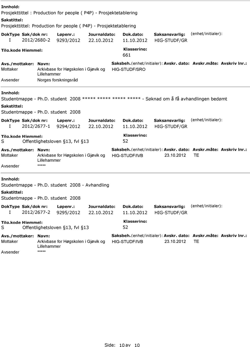 D. student 2008 2012/2677-1 9294/2012 11.10.2012 52 Avs./mottaker: Navn: aksbeh. Avskr. dato: Avskr.måte: Avskriv lnr.: Mottaker HG-TDF/VB 23.10.2012 TE ***** tudentmappe - Ph.D. student 2008 - Avhandling tudentmappe - Ph.