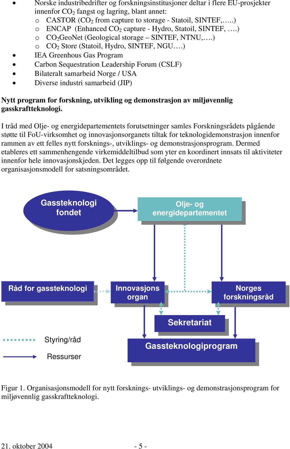 ) IEA Greenhous Gas Program Carbon Sequestration Leadership Forum (CSLF) Bilateralt samarbeid Norge / USA Diverse industri samarbeid (JIP) Nytt program for forskning, utvikling og demonstrasjon av