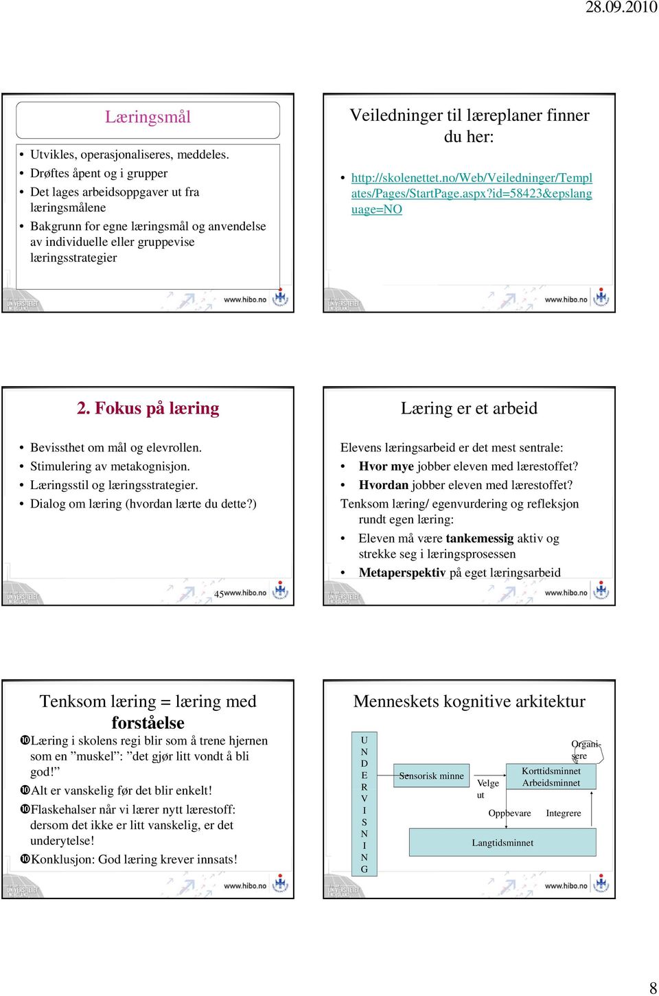 finner du her: http://skolenettet.no/web/veiledninger/templ ates/pages/startpage.aspx?id=58423&epslang uage=no 2. Fokus på læring Bevissthet om mål og elevrollen. Stimulering av metakognisjon.