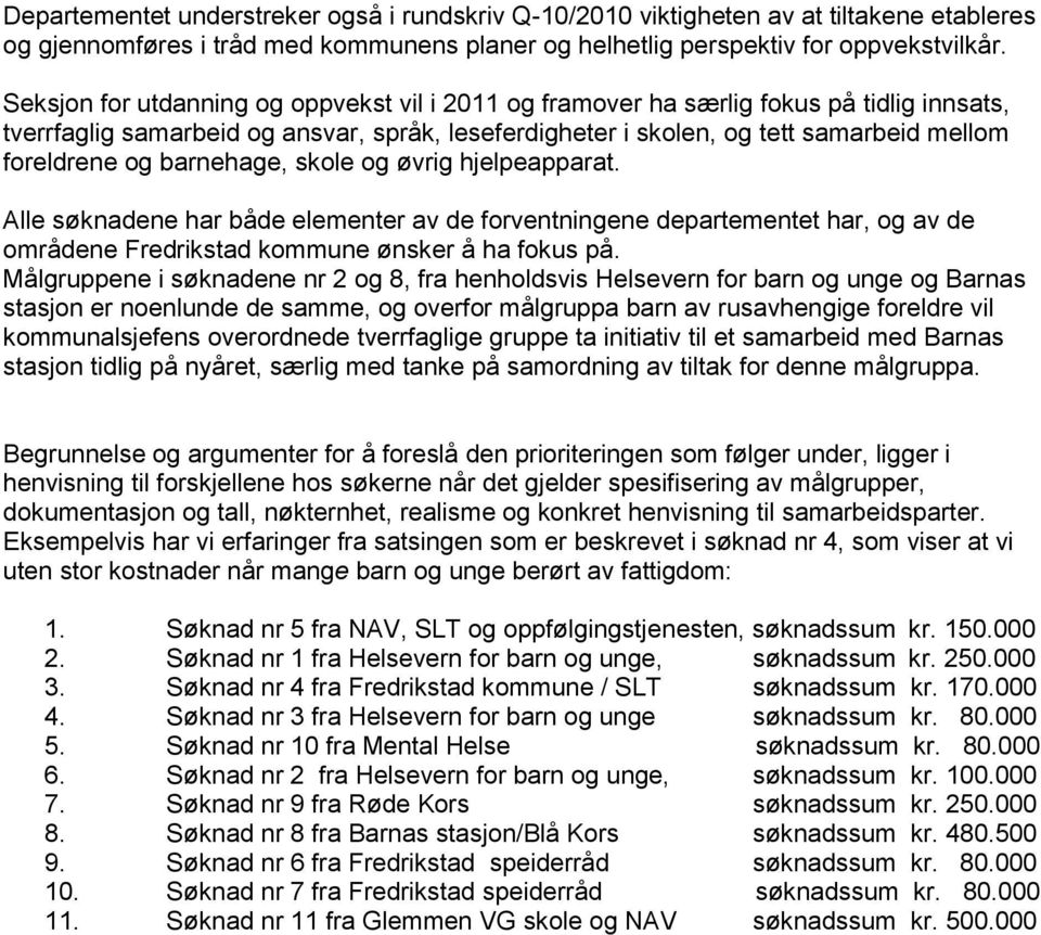 barnehage, skole og øvrig hjelpeapparat. Alle søknadene har både elementer av de forventningene departementet har, og av de områdene Fredrikstad kommune ønsker å ha fokus på.