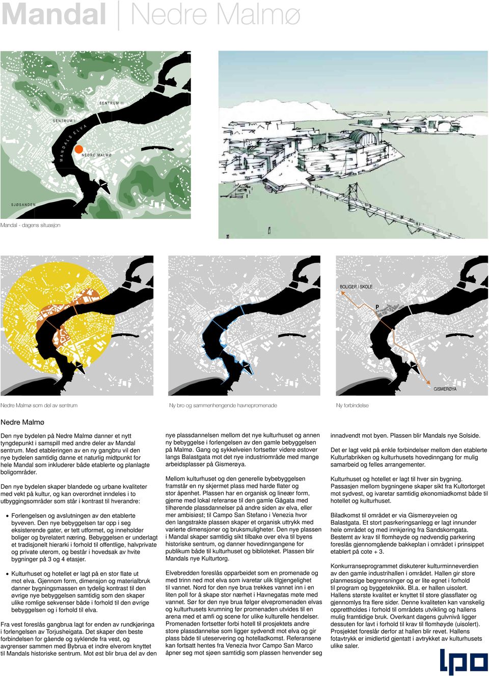 Med etableringen av en ny gangbru vil den nye bydelen samtidig danne et naturlig midtpunkt for hele Mandal som inkluderer både etablerte og planlagte boligområder.