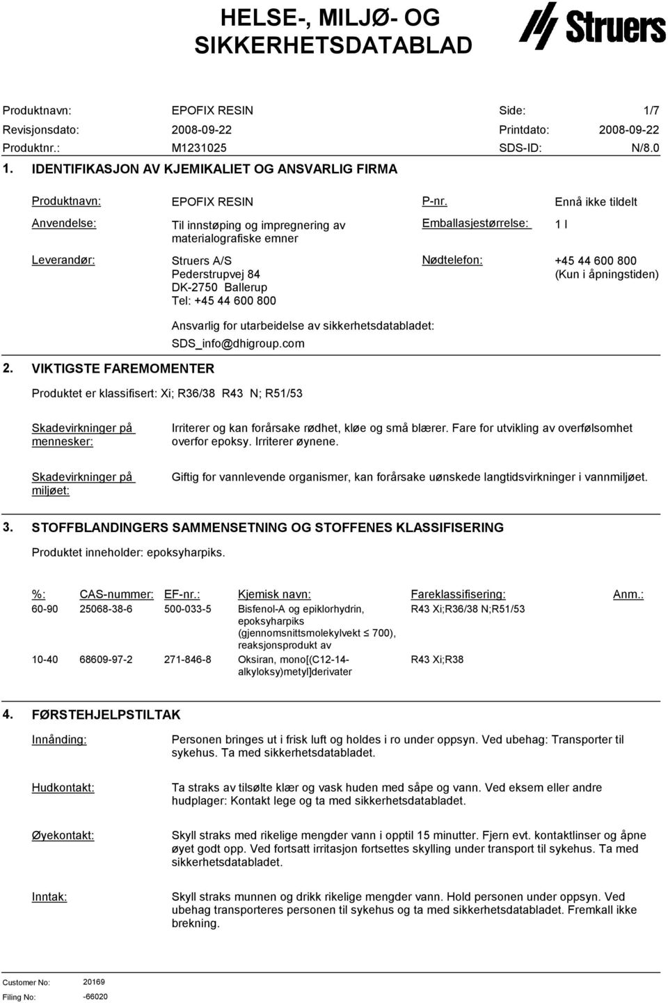 Nødtelefon: +45 44 600 800 (Kun i åpningstiden) Ansvarlig for utarbeidelse av sikkerhetsdatabladet: SDS_info@dhigroup.com 2.