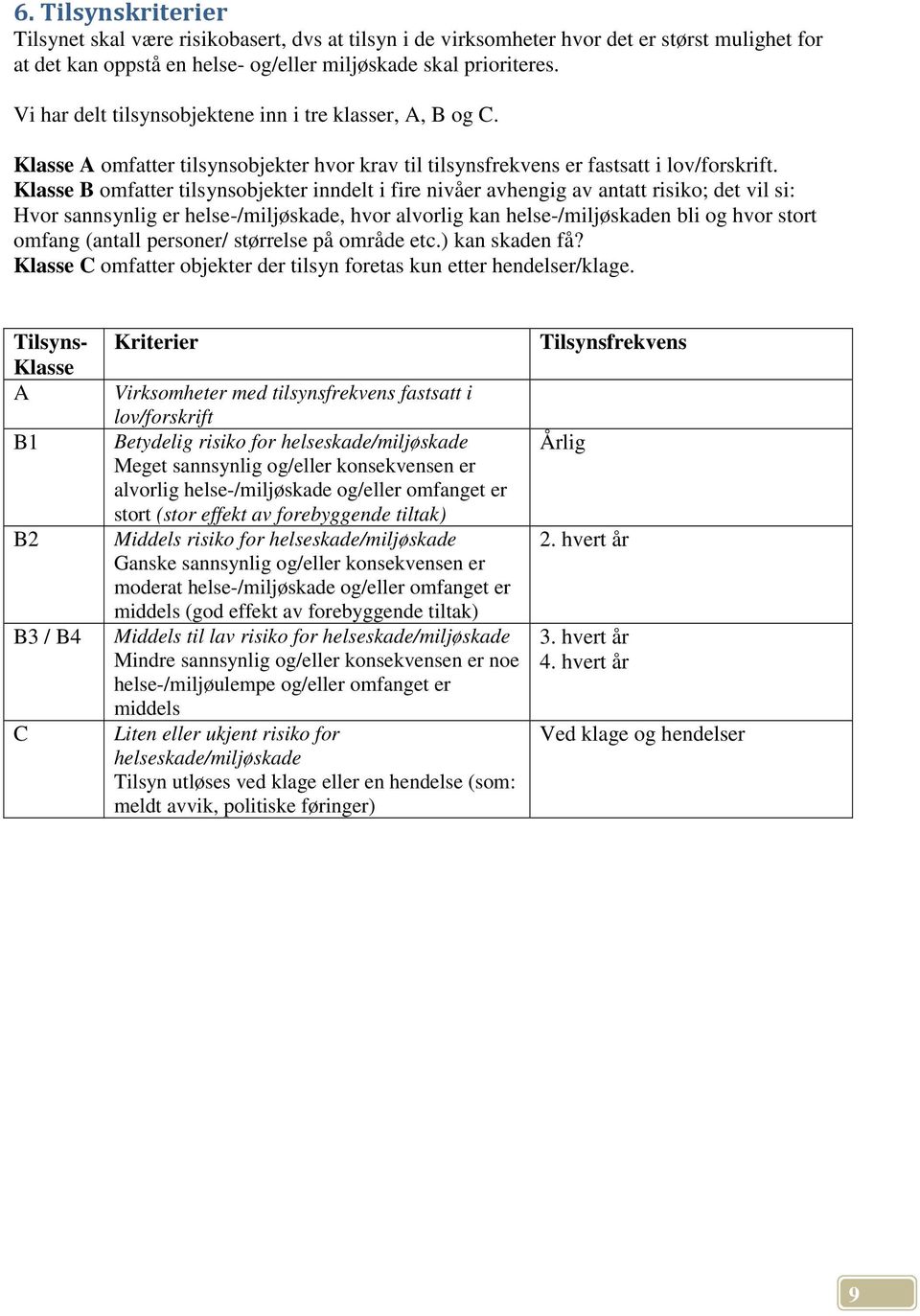 Klasse B omfatter tilsynsobjekter inndelt i fire nivåer avhengig av antatt risiko; det vil si: Hvor sannsynlig er helse-/miljøskade, hvor alvorlig kan helse-/miljøskaden bli og hvor stort omfang