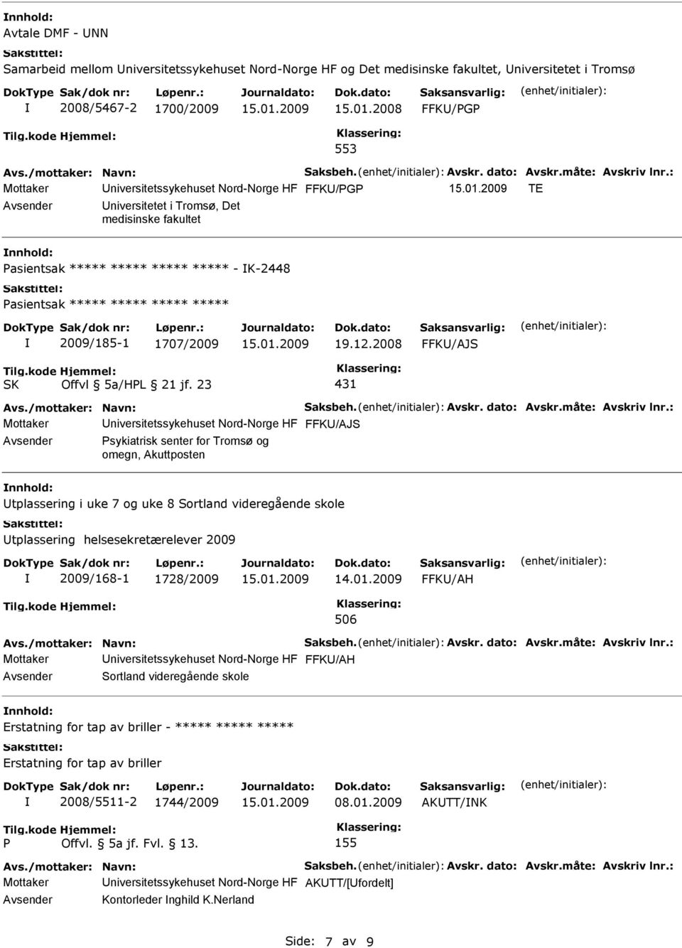 2008 FFK/AJS 431 Mottaker FFK/AJS Psykiatrisk senter for Tromsø og omegn, Akuttposten tplassering i uke 7 og uke 8 Sortland videregående skole tplassering helsesekretærelever 2009 2009/168-1