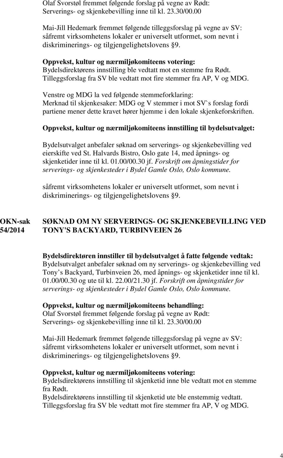 Bydelsdirektørens innstilling ble vedtatt mot en stemme fra Rødt. Tilleggsforslag fra SV ble vedtatt mot fire stemmer fra AP, V og MDG.