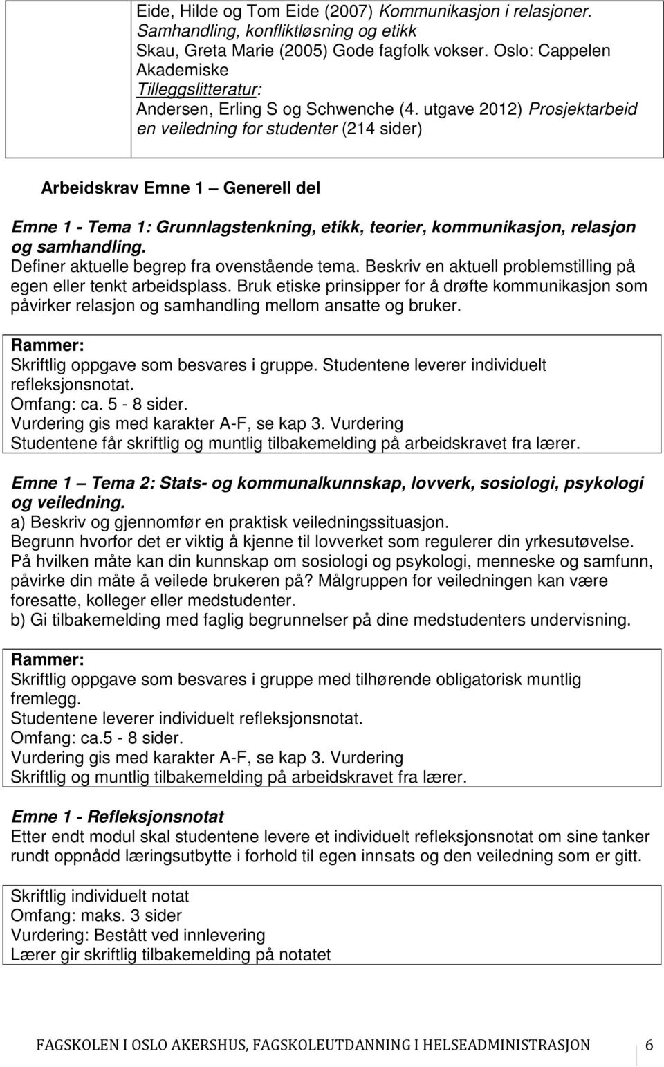 utgave 2012) Prosjektarbeid en veiledning for studenter (214 sider) Arbeidskrav Emne 1 Generell del Emne 1 - Tema 1: Grunnlagstenkning, etikk, teorier, kommunikasjon, relasjon og samhandling.