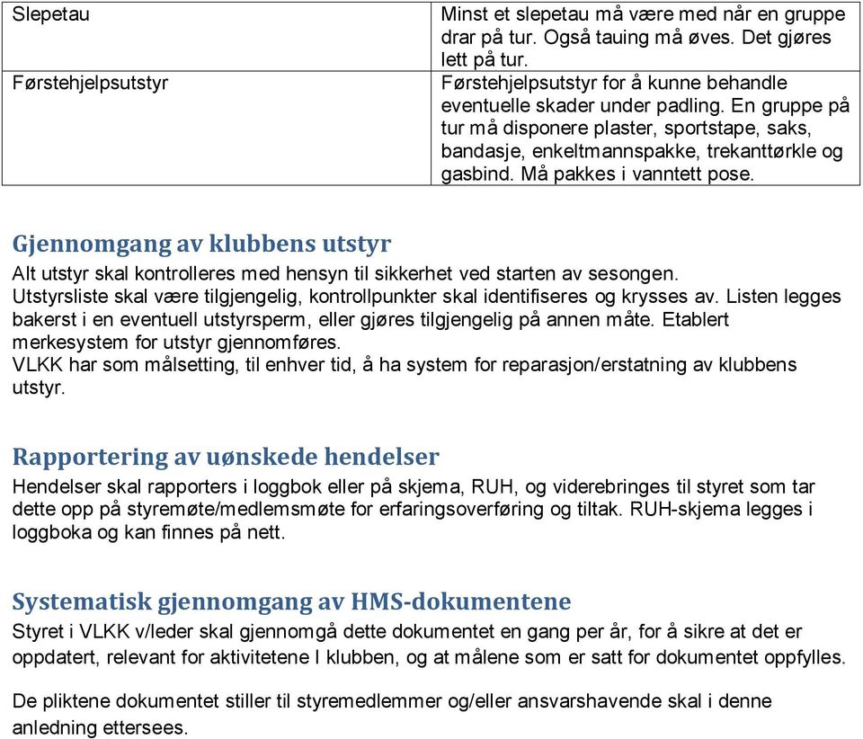 Må pakkes i vanntett pose. Gjennomgang av klubbens utstyr Alt utstyr skal kontrolleres med hensyn til sikkerhet ved starten av sesongen.