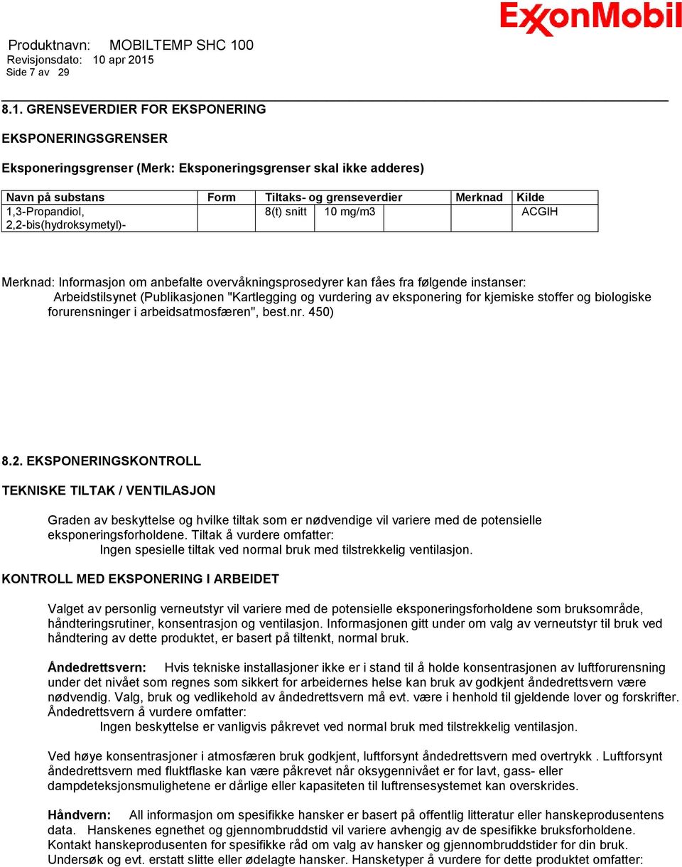 2,2-bis(hydroksymetyl)- 8(t) snitt 10 mg/m3 ACGIH Merknad: Informasjon om anbefalte overvåkningsprosedyrer kan fåes fra følgende instanser: Arbeidstilsynet (Publikasjonen "Kartlegging og vurdering av