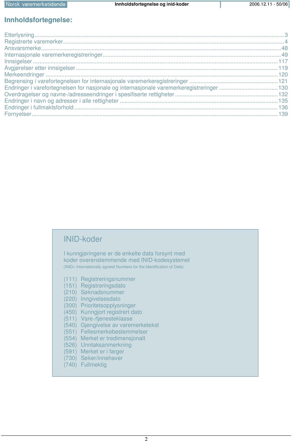 ..121 Endringer i varefortegnelsen for nasjonale og internasjonale varemerkeregistreringer...130 Overdragelser og navne-/adresseendringer i spesifiserte rettigheter.