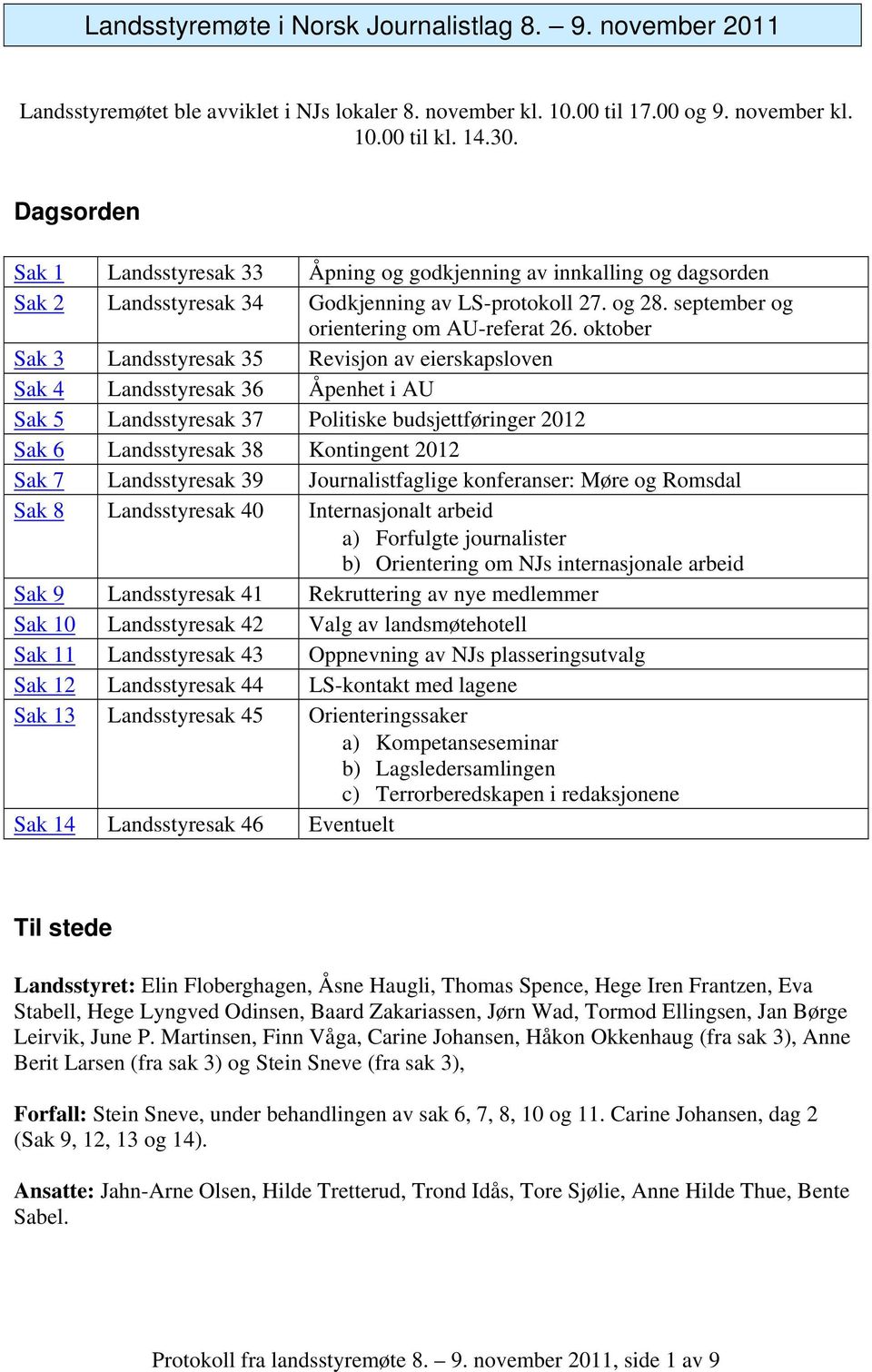 oktober Sak 3 Landsstyresak 35 Revisjon av eierskapsloven Sak 4 Landsstyresak 36 Åpenhet i AU Sak 5 Landsstyresak 37 Politiske budsjettføringer 2012 Sak 6 Landsstyresak 38 Kontingent 2012 Sak 7