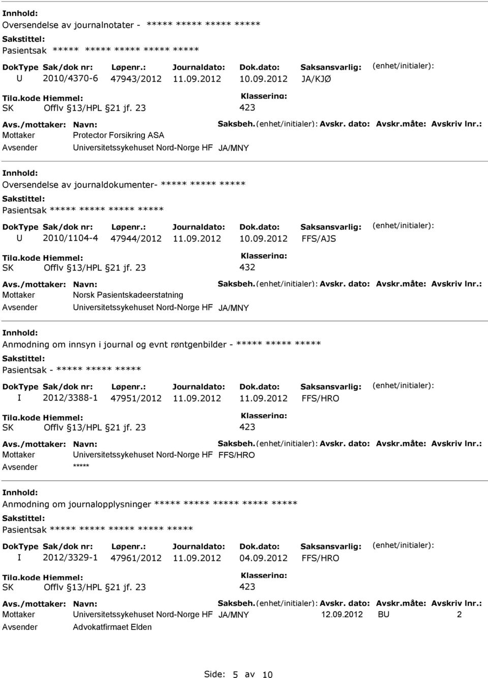 i journal og evnt røntgenbilder - ***** ***** ***** Pasientsak - ***** ***** ***** 2012/3388-1 47951/2012 Mottaker niversitetssykehuset Nord-Norge HF ***** Anmodning om