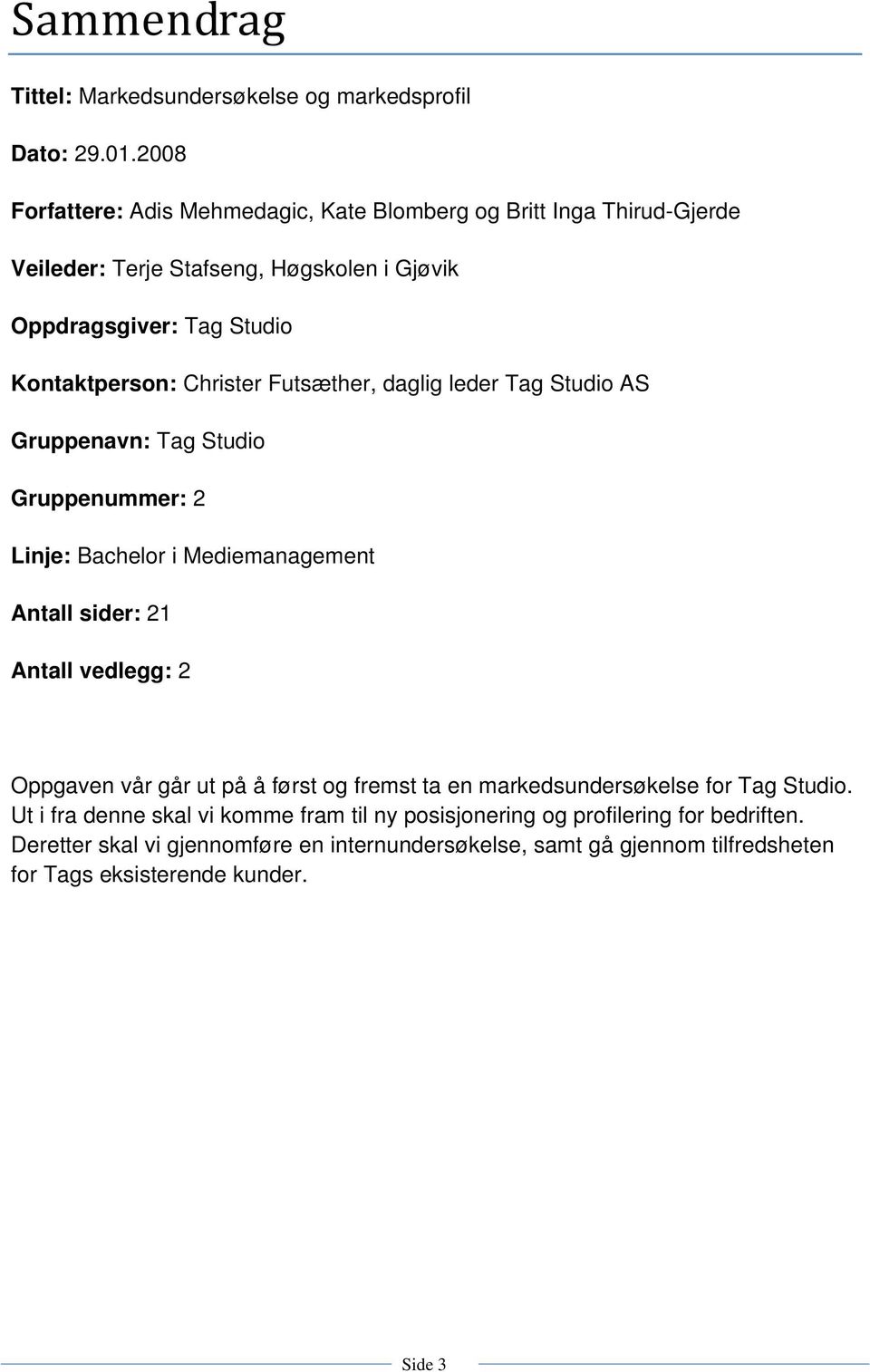 Christer Futsæther, daglig leder Tag Studio AS Gruppenavn: Tag Studio Gruppenummer: 2 Linje: Bachelor i Mediemanagement Antall sider: 21 Antall vedlegg: 2 Oppgaven vår