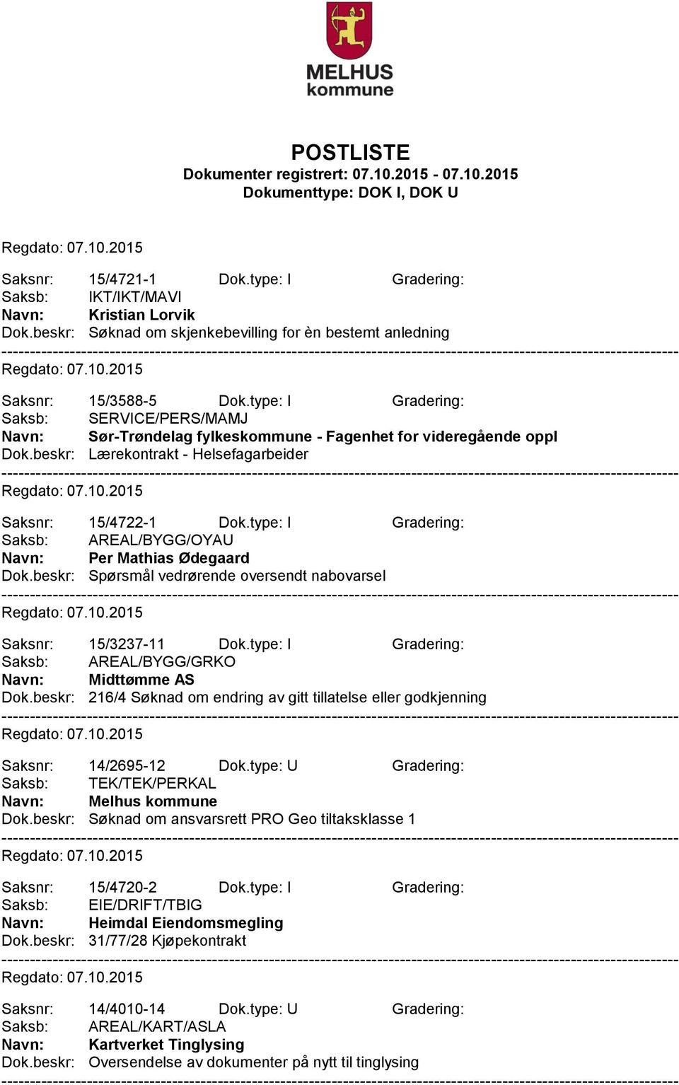 type: I Gradering: Saksb: AREAL/BYGG/OYAU Navn: Per Mathias Ødegaard Dok.beskr: Spørsmål vedrørende oversendt nabovarsel Saksnr: 15/3237-11 Dok.