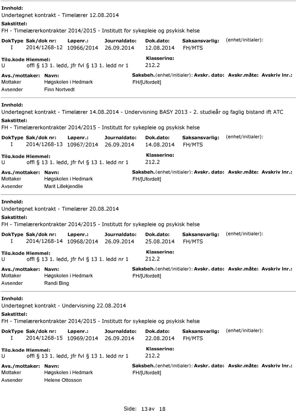 studieår og faglig bistand ift ATC FH - Timelærerkontrakter 2014/2015 - nstitutt for sykepleie og psykisk helse 2014/1268-13 10967/2014 14.08.2014 Avs./mottaker: Navn: Saksbeh. Avskr. dato: Avskr.