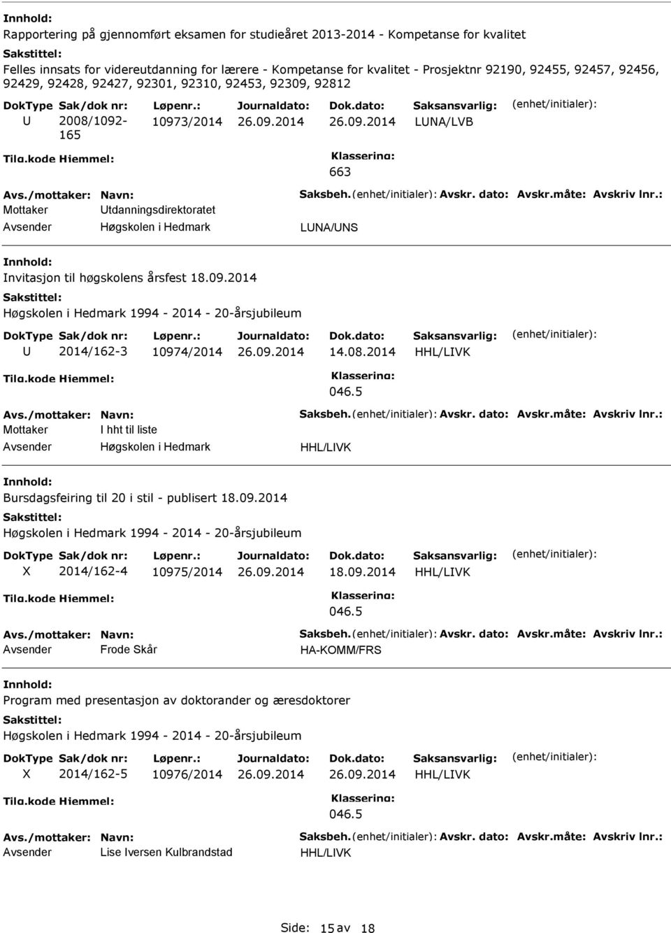 : Mottaker tdanningsdirektoratet LNA/NS nvitasjon til høgskolens årsfest 18.09.2014 1994-2014 - 20-årsjubileum 2014/162-3 10974/2014 14.08.2014 HHL/LVK Avs./mottaker: Navn: Saksbeh. Avskr.