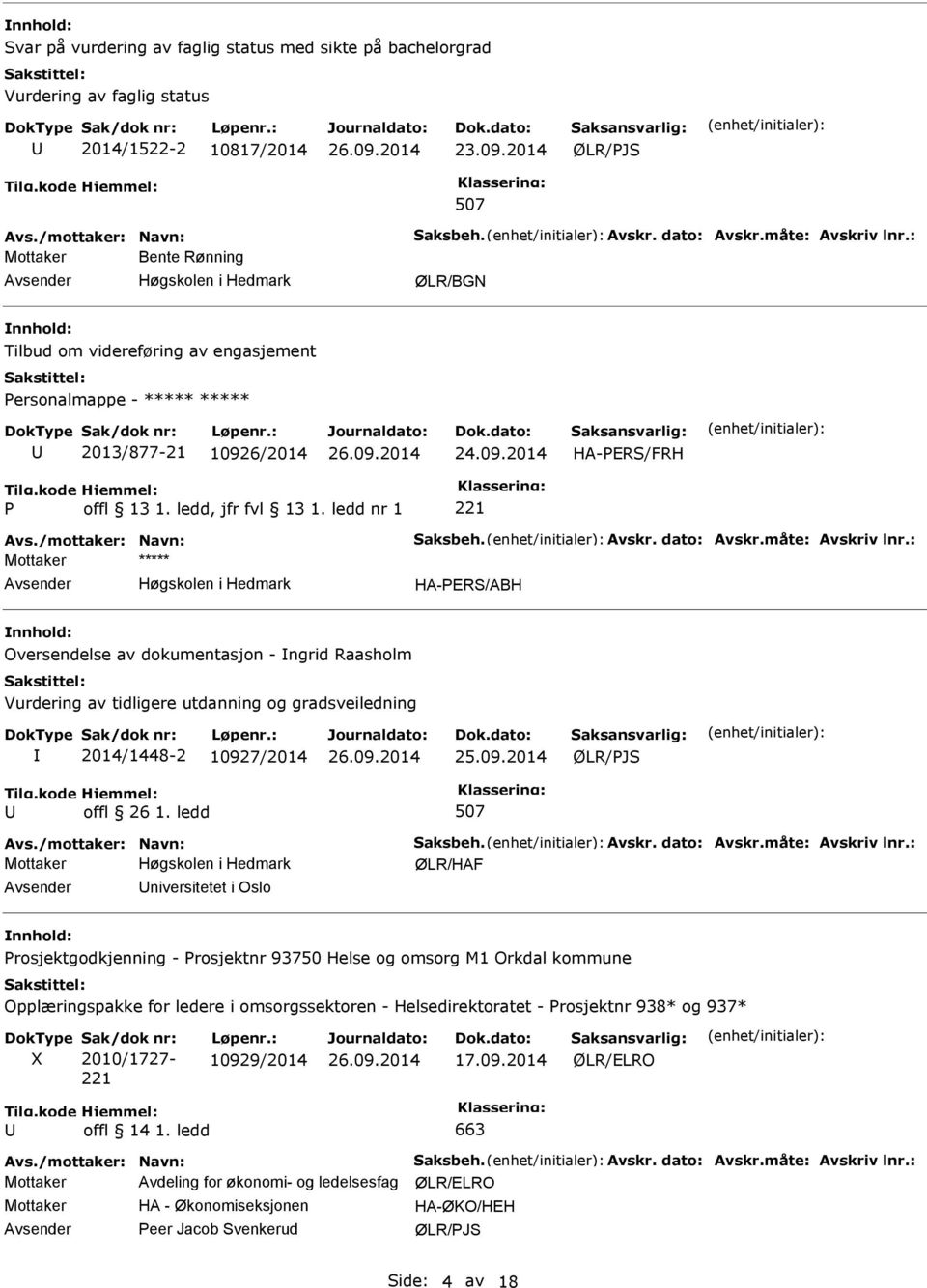 måte: Avskriv lnr.: Mottaker ***** HA-PERS/ABH Oversendelse av dokumentasjon - ngrid Raasholm Vurdering av tidligere utdanning og gradsveiledning 2014/1448-2 10927/2014 25.09.2014 offl 26 1.