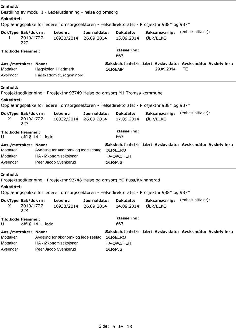 2014 ØLR/ELRO Avs./mottaker: Navn: Saksbeh. Avskr. dato: Avskr.måte: Avskriv lnr.: ØLR/EMP 29.09.